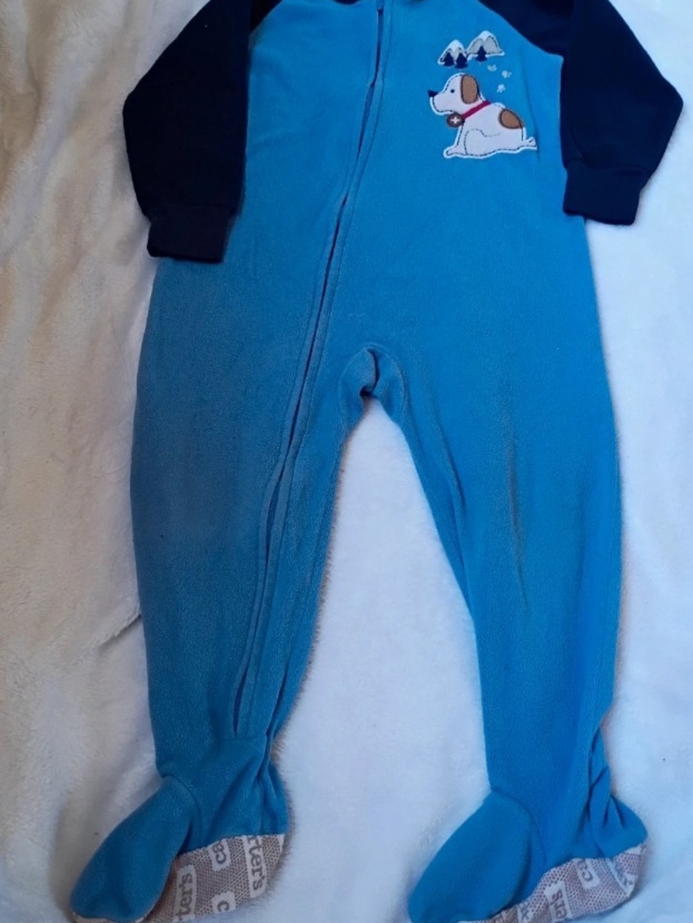 Carter's Blue Footed Fleece One-Piece with Navy Sleeves and Dog Applique